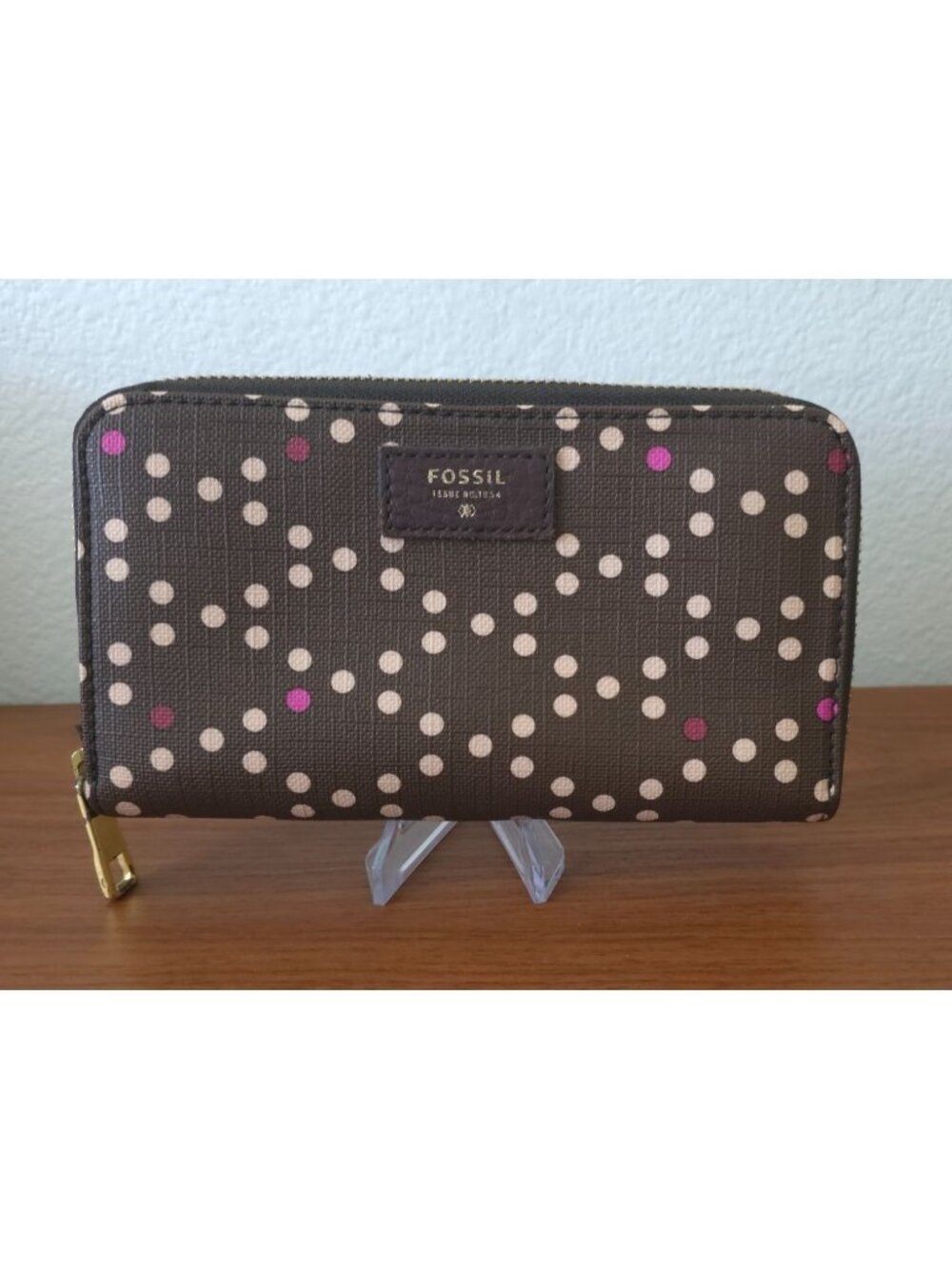 Fossil SYDNEY Coated Canvas Polka Dot Zip-Around Brown Clutch Wallet